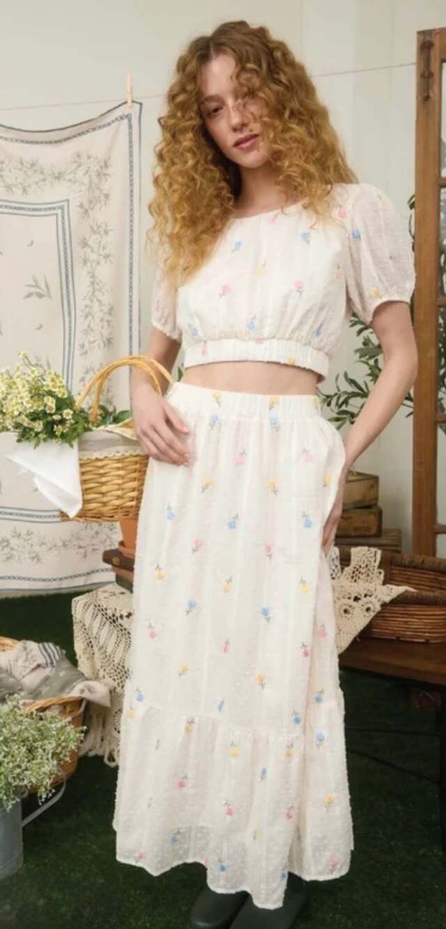 Blu Pepper Floral Embroidered Puff Sleeve Crop Top and Midi Skirt Set